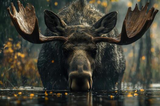 A moose is standing in a wet forest photo