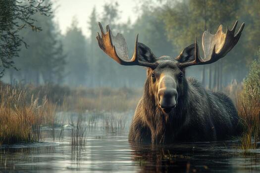 A moose is standing in the water with its head up photo