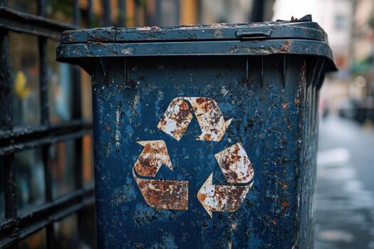 A trash can with a recycling symbol painted on it photo