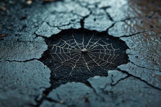 A spider web is seen in the middle of a puddle photo