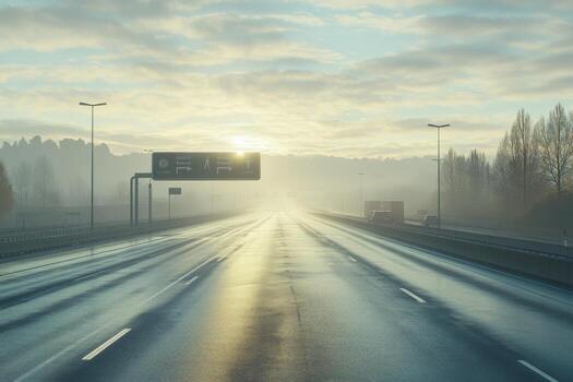 A highway with a sign on it and a sun shining photo