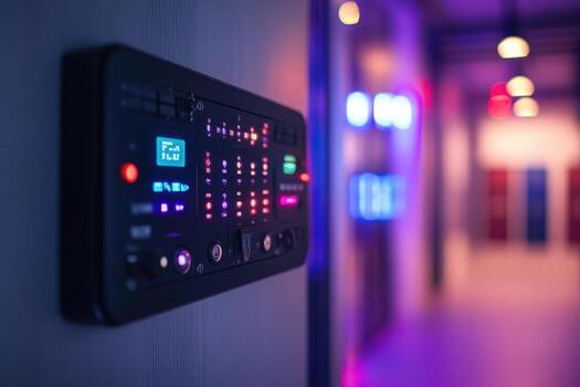 A hallway with a control panel on the wall photo