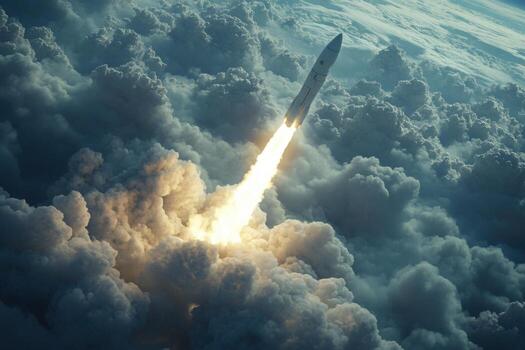 A rocket is taking off into the clouds photo