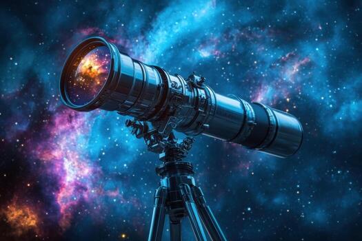 A telescope in space with a nebula in the background photo