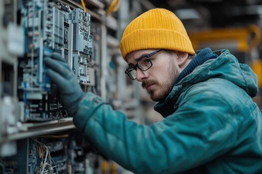 A man in a yellow hat and jacket is working on a computer photo