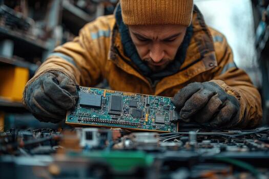 A man working on a computer motherboard photo