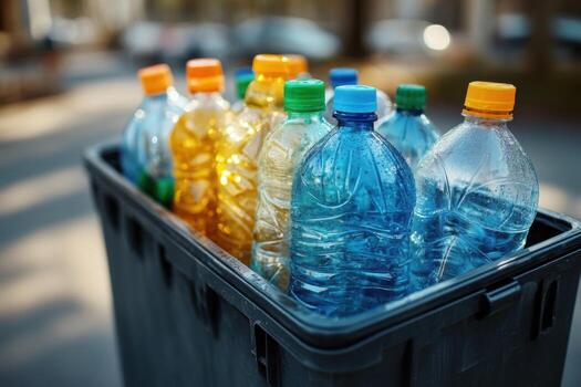 A garbage bin filled with plastic bottles photo