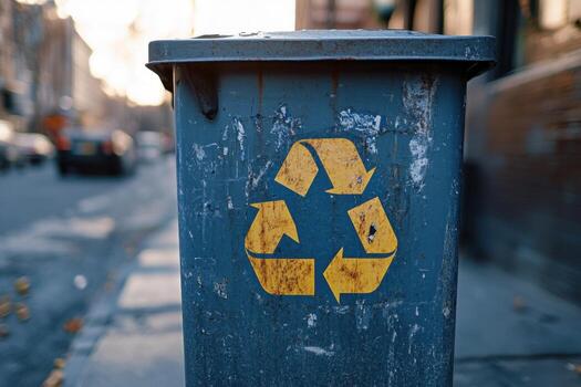 A trash can with a recycling symbol on it photo