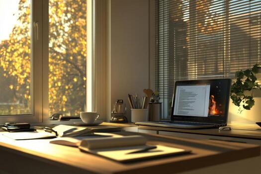 A laptop sitting on a desk next to a window photo