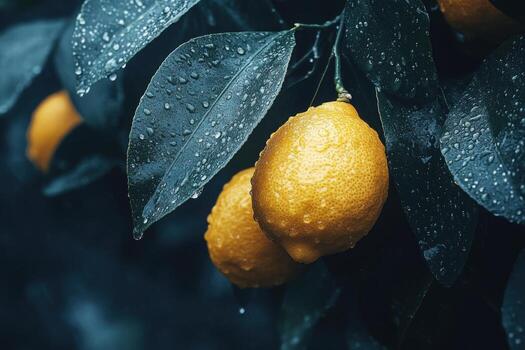 limón árbol con gotas de lluvia en hojas foto