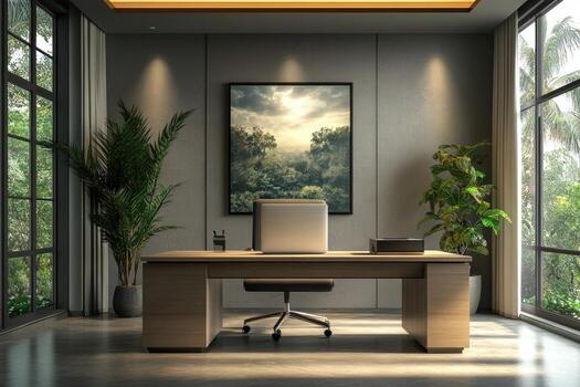A modern office with a desk and a painting photo