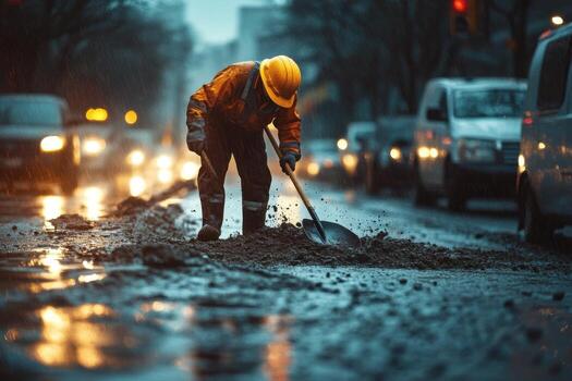 A man in a hard hat is digging a pothole photo