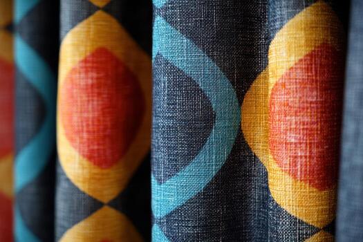 A close up of a colorful curtain with a pattern photo