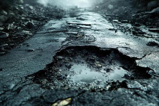 A pothole in the road with a dark background photo
