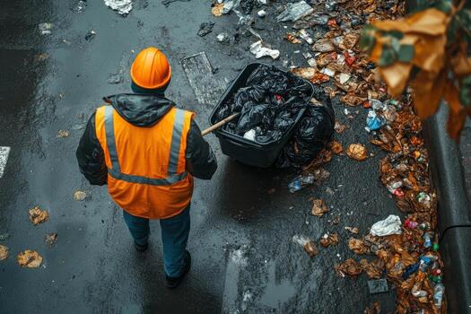 A man in an orange vest and hard hat is standing next to a trash can photo