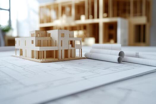 A model of a house sitting on top of a blueprint photo