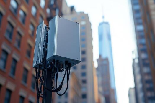 A cell phone tower in the city with tall buildings in the background photo