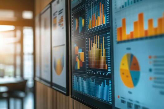 A man is looking at graphs on a wall photo