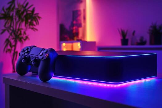 A ps4 with a controller and a light up controller photo