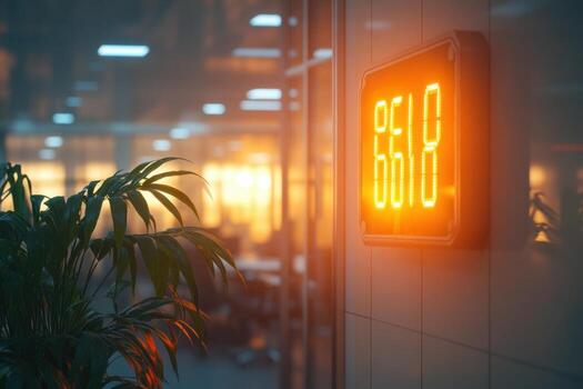 A digital clock in an office building photo