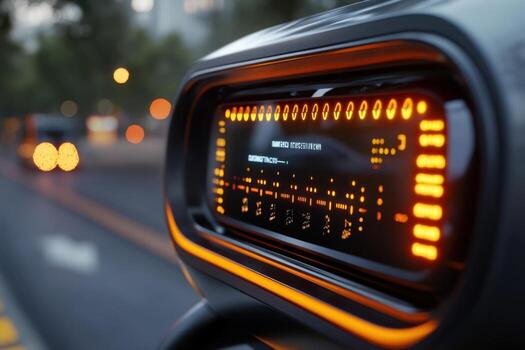 A close up of a car dashboard with a digital display photo