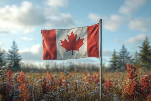 A canadian flag is flying in the middle of a field photo