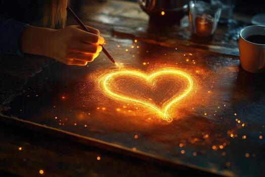 A woman is drawing a heart with a brush on a table photo