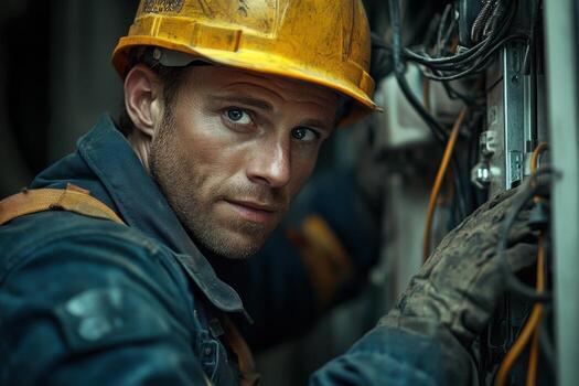A man in a hard hat and helmet looking at a panel photo