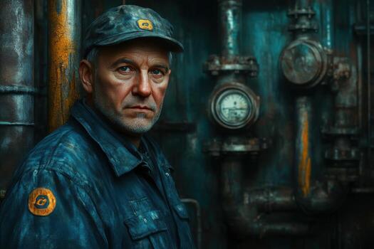 Portrait of a man in a blue jacket and hat in front of a rusty pipe photo