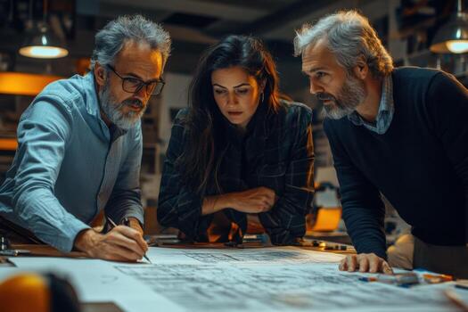Three people looking at blueprints on a table photo
