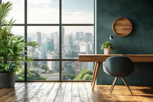 A desk with a plant and a window overlooking the city photo
