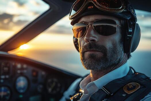 A man in a pilot's uniform and goggles is looking out the window photo