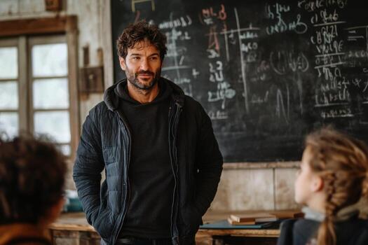A man standing in front of a blackboard with students photo