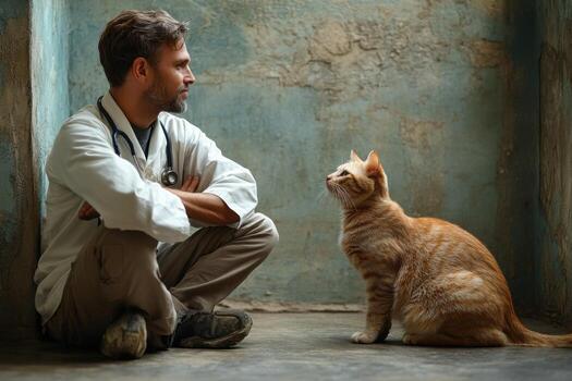 A man in a white coat sitting on the floor with a cat photo