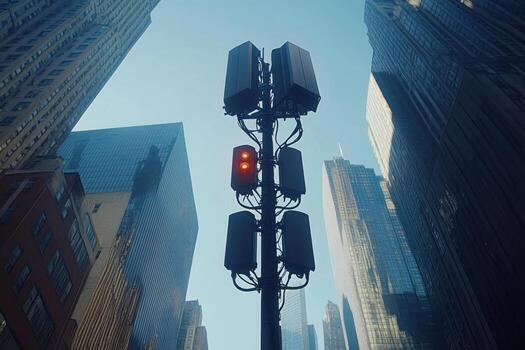 A traffic light is in the middle of a city photo