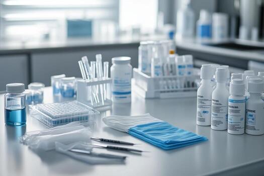 A laboratory table with various items on it photo