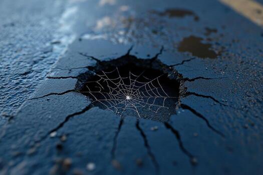 A spider web is seen in a hole in the asphalt photo