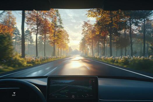 A car driving down a road with trees in the background photo