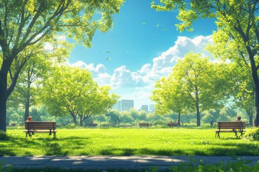 Anime park with trees and benches in the middle of a green field photo