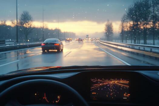 A car driving on a rainy road at dusk photo