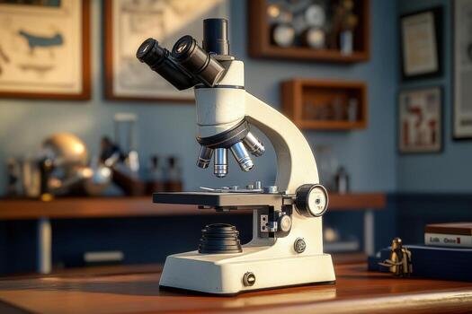 A microscope is on a desk in front of a wall photo