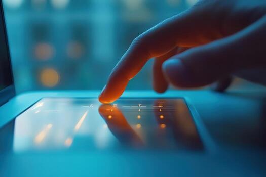 A person's hand is touching a keyboard on a laptop photo