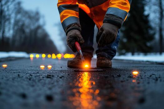 A man in an orange vest is using a torch to light up the road photo