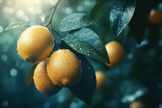 Lemon tree with water droplets on it photo