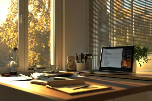 A laptop sits on a desk in front of a window photo