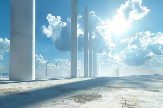 A row of wind turbines in the desert photo