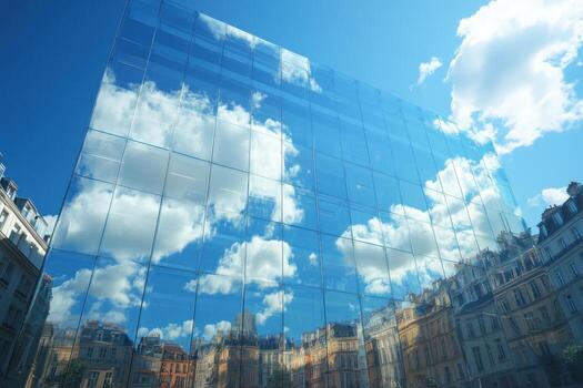 A building with a large glass window and clouds reflected in it photo