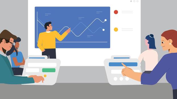 Team discussing data insights. vector