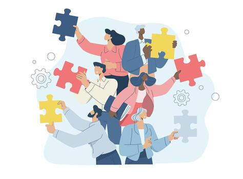 Diverse team working on puzzle pieces vector