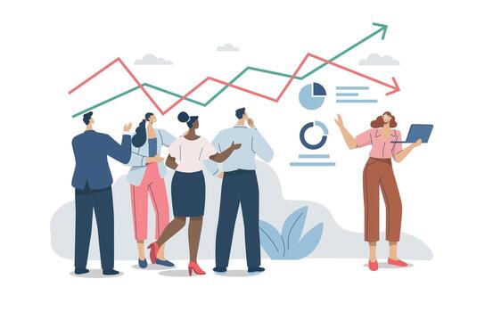 presentación o informes de desarrollo y lucro crecimiento, mujer de negocios señalando a gráficos y datos gráficos, negocio equipo reunión empresa informe, crecimiento o progreso, plano diseño ilustración vector